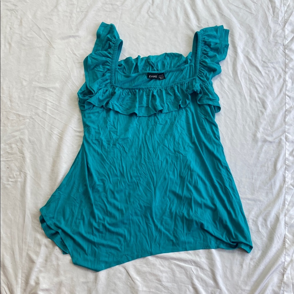Blue Ruffled Sleeveless Tank Top